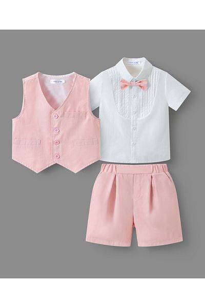 Mark & Mia Mark & Mia 100% Cotton Solid Short Sleeves Party Suit with Waist Coat & Bow - Pink & White