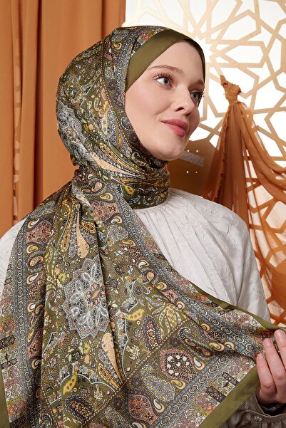 Levidor Haki Çini Desen Hint İpeği Şal