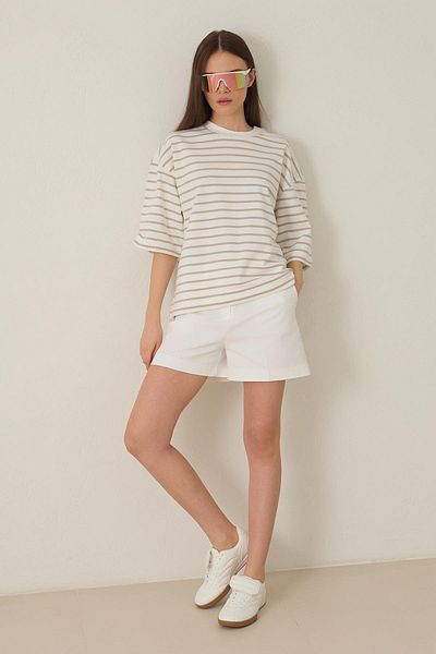 Setre Ecru-Ash 100% Cotton Stripe Detail Short Sleeve T-Shirt