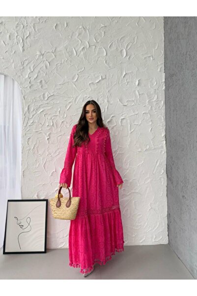 Marjinal Kadın Fisto Tam Astarlı Pembe Uzun Elbise