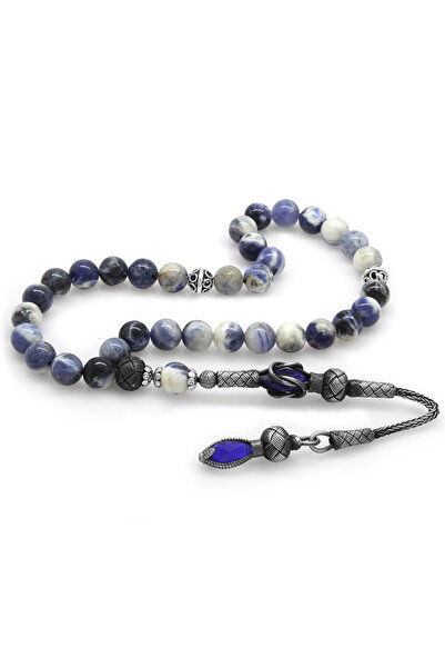 Tesbihane 1000 Ayar сребро Kazaz с ресни сферично изрязан содалит естествен камък молитвени броеници