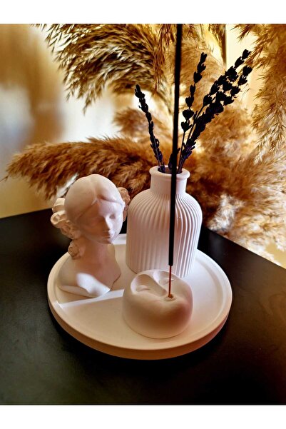 Dekor Beyaz Renk 4'lü Set (16 CM SUNUM TEPSİSİ) Hediye Tütsü