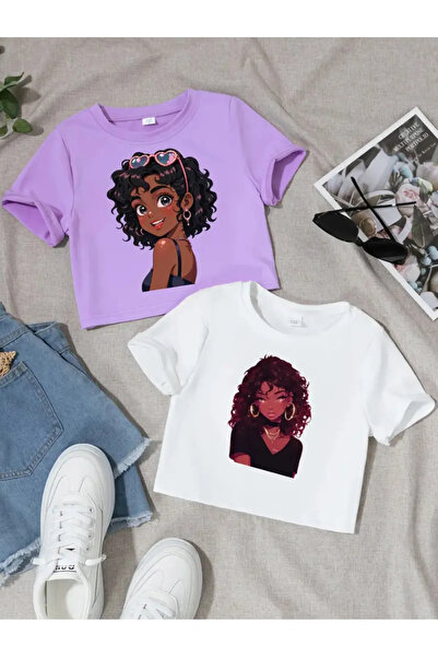 MANCY Детска дамска тениска с къс ръкав, щампована, от 2 части, 100% памук