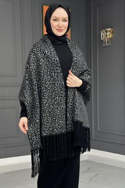 MODAQU Gray Leopard Patterned Knitwear Shawl Poncho