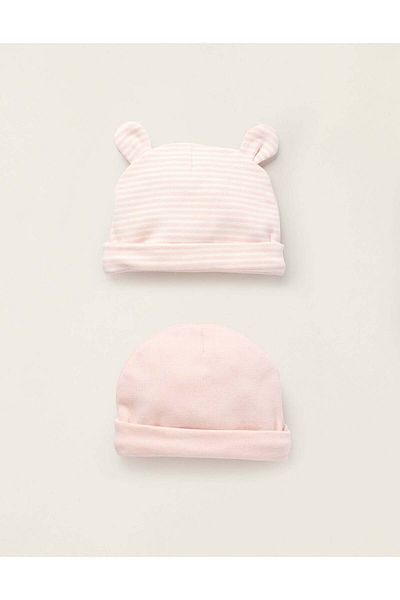 Ziddy Pack of 2 Ribbed Cotton Beanies for Newborn Girls, Pink/White