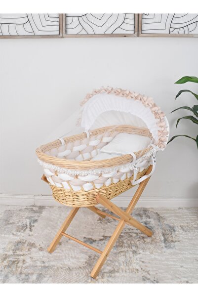 Fun Moment سلة موسى المصنوعة من الخيزران مع قاعدة خشبية قابلة للطي باللون الأبيض
