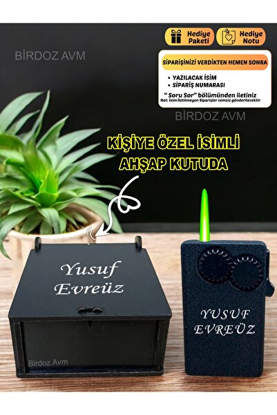 birdoz avm Kişiye Özel Isimli Hediyelik Yeşil Ateşli Döner Çakmak & Özel Ahşa...