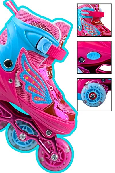 Sportaj Melek Kanatlı Işıklı Paten Kask Koruma Seti 2+2 Kız Çocuk Pateni Silikon Teker,Taşıma Çantalı 3 in 1