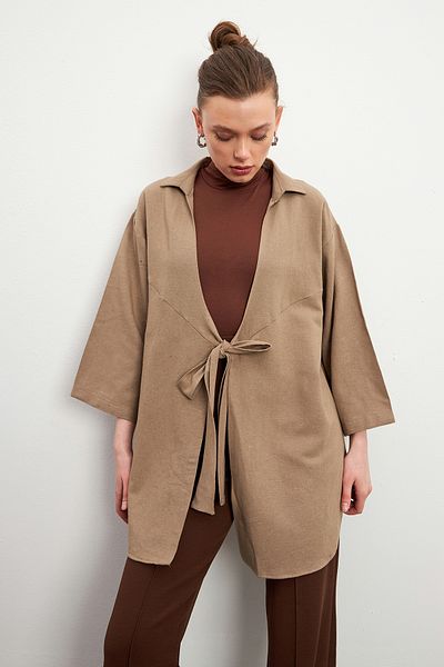 Bipantolon Women's Biscuit Lacing Detailed Flam Linen Kimono