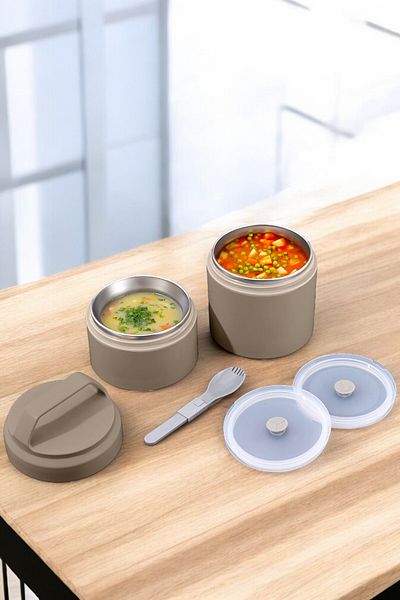 Digithome Bento 2 Layer Portable Stainless Steel Food Container Thermos Lunch Box Khaki 1200ml