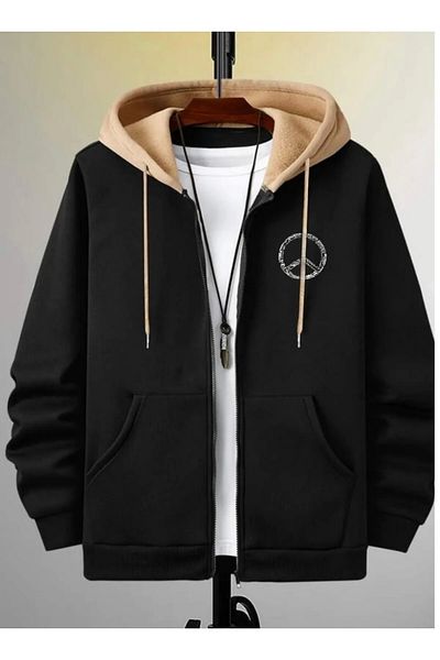 NO 601 Ζακέτα Unisex Μαύρη με κουκούλα Μπεζ Peace με φερμουάρ