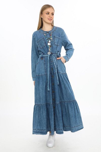 EREN STYLE Rochie din denim cu buzunar cu mânecă lungă și curea cu nasturi pentru spălat zăpadă și îmbrăcăminte modestă-2524