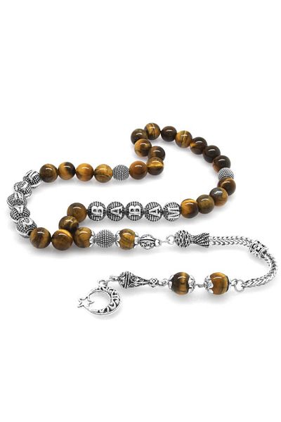 Tesbihane Non-Tarnish Metal Tasseled My Dear Dad Written Globe Cut Turtle Eye Natural Stone Rosary
