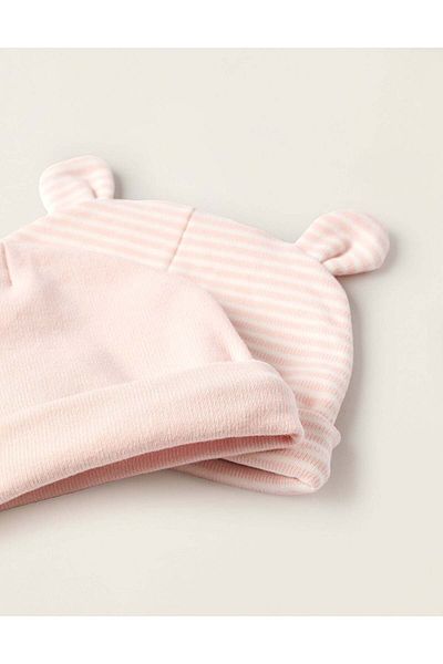 Ziddy Pack of 2 Ribbed Cotton Beanies for Newborn Girls, Pink/White