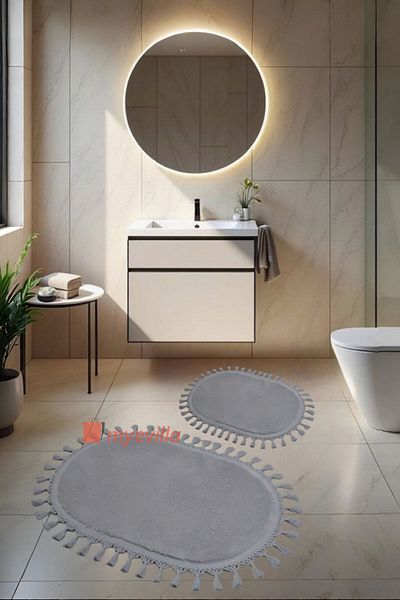 Myevilla My Evilla Modern Simirna Decorative Plush Oval 60x100-50x60 Pompom Fringed Toilet Seat Set