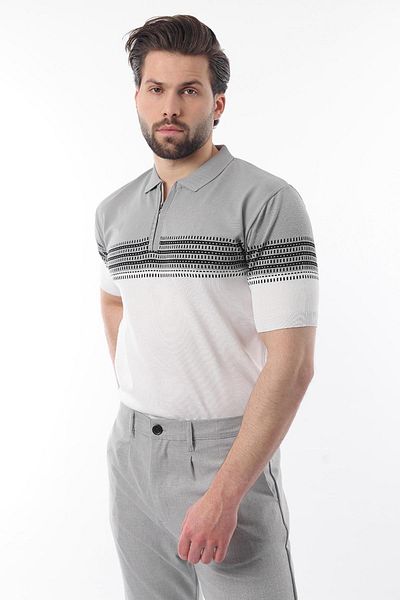 Madmext Ανδρικό μπλουζάκι με γκρι φερμουάρ Polo με σχέδιο E7296
