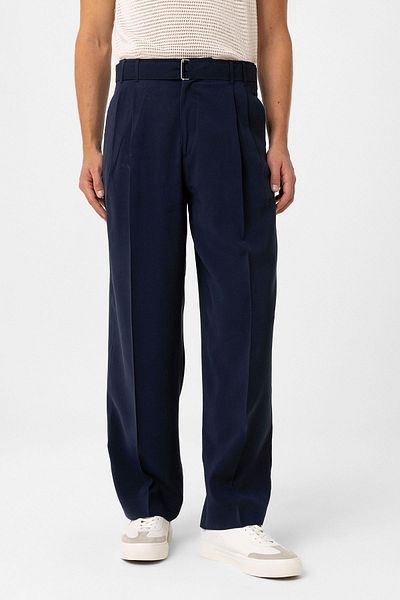 Antioch Navy Blue Modal Fabric Relax Fit Belted Men's Trousers