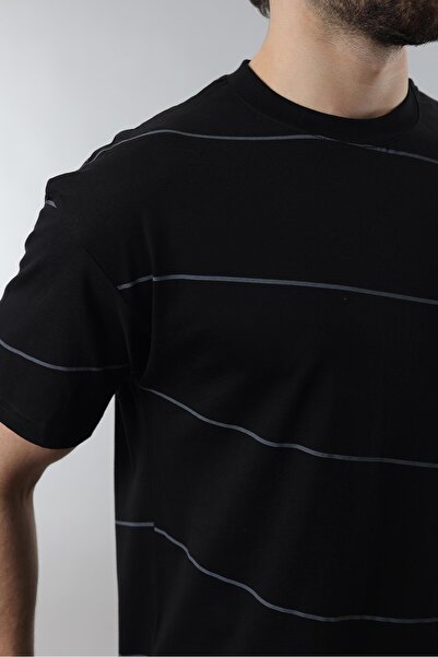 Madmext Black Crew Neck Basic Striped Men's T-Shirt E7102