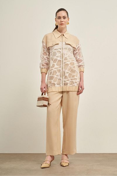 FTZ WOMEN Women's Cutout Tansel Suit with Trousers Beige 31029