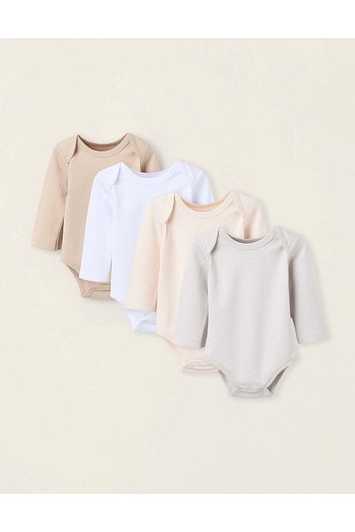 Ziddy Pack of 4 Cotton Bodysuits for Newborns and Babies 'Pastel', White/Beige