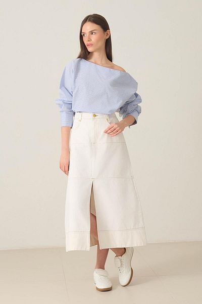 Setre Midi Length Denim Skirt with Ecru Stitching and Slit Detail