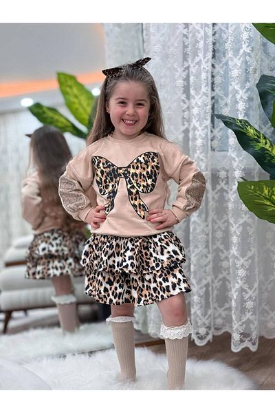 GÖKJOY BUTİK Costum pentru fete cu mâneci din dantelă, detaliu cu imprimeu cu fundă și fustă leopard