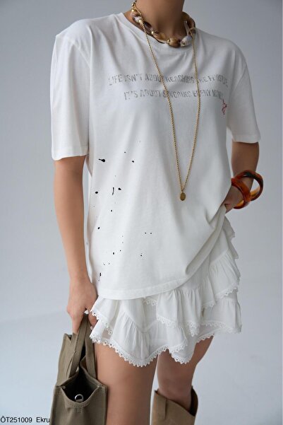 CADDELAMODA Tricou oversize cu scris brodat pentru femei