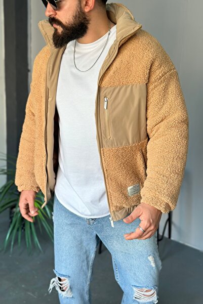 LUVEST ERKEK İÇİ KAPİTONELİ FERMUARLI CEPLİ OVERSİZE KREM PELUŞ CEKET
