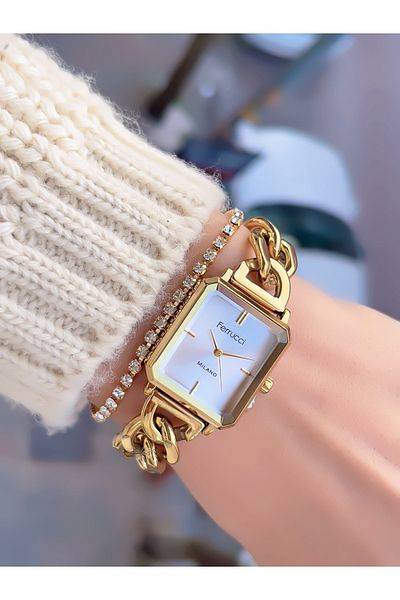 Ferrucci Steel Chain Cord Square Case Women's Wrist Watch with 2 Year Warranty + Bracelet Gift