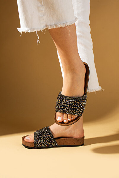 Ege's Shoes Kadın Füme Gri Taşlı Anatomik Rahat Taban Terlik