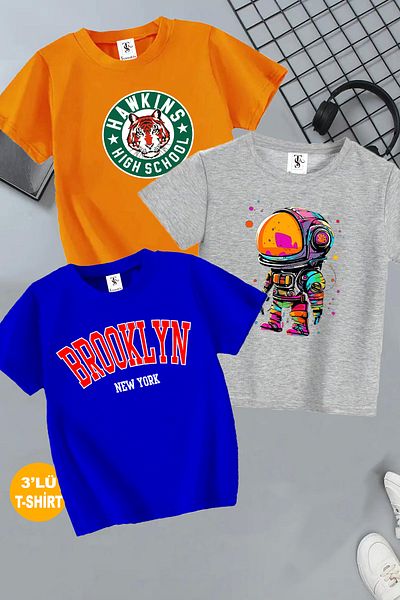 twins tailors Pachet de 3 tricouri unisex cu imprimeu Hawkıns și astronaut - portocaliu, gri și albastru Saks pentru copii