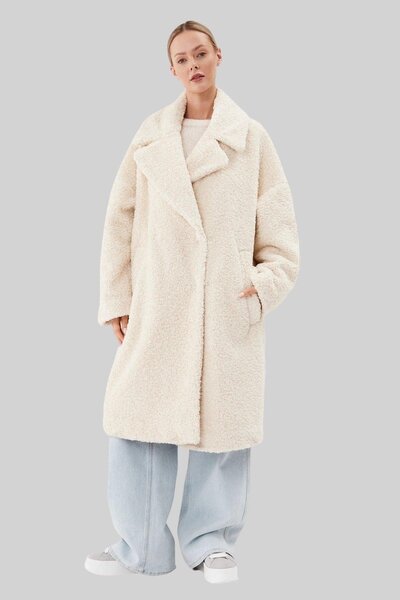 HUGO Kadın Midi Oversize Içi Kürklü Kaban Beyaz