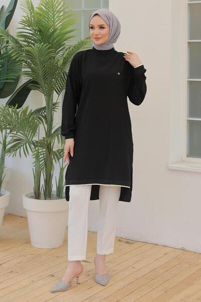 Armine TREND Armine Trend Basic Tunic with Ribbed Sleeves and Back Extension-Black 25Yt449