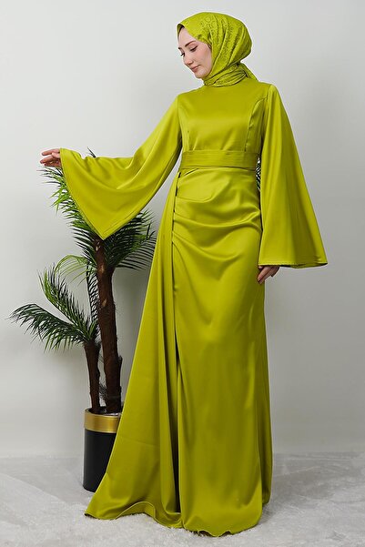 GİYZAMİLA Yasemin Satin Evening Dress Oil Green