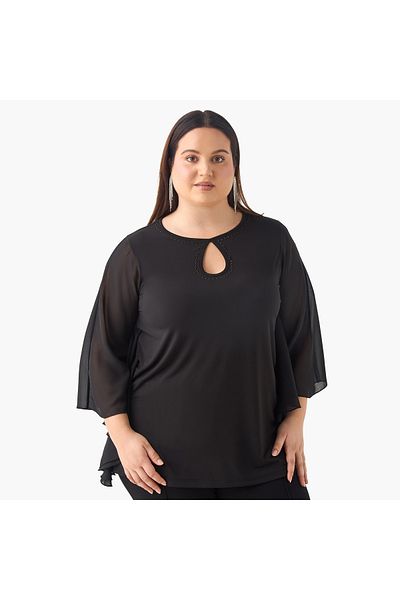 Ulla Popken Plus Size Embellished Keyhole Neck Top With Cape Sleeves