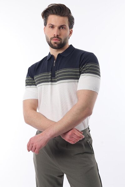 Madmext Темно-синя чоловіча футболка поло на блискавці з візерунком на комірі E7296