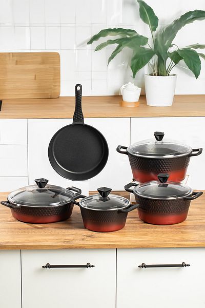 Lines L-5087 Titanium Cast Iron Cookware Set 9 Piece Black Red Transition