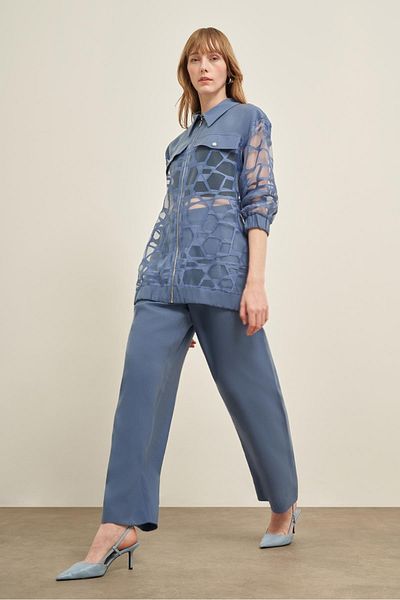 FTZ WOMEN Women's Cutout Tansel Suit with Trousers Indigo 31029