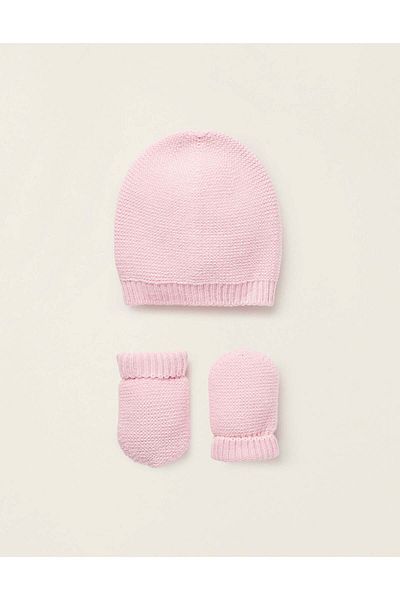 Ziddy Knit Set Beanie + Gloves for Newborn Girls, Pink