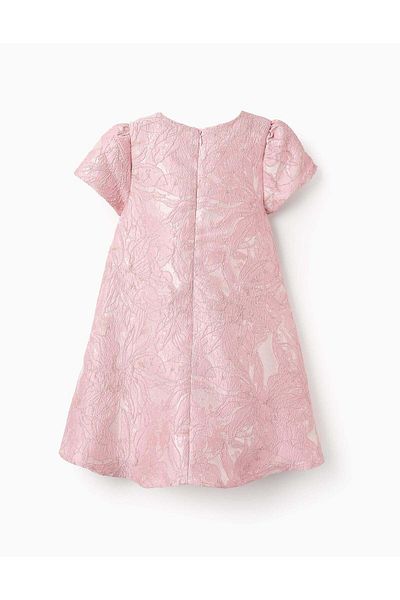 Ziddy Floral Dress with Bow and Texture for Girls, Pink/Gold