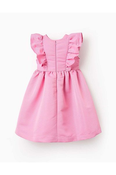 Ziddy Voluminous Textured Dress with Ruffles for Girls, Pink