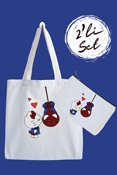 designedfy Hello Kitty ve Spider Su Geçirmez Bez Çanta ve Kalemlik 2'li Avantaj Seti