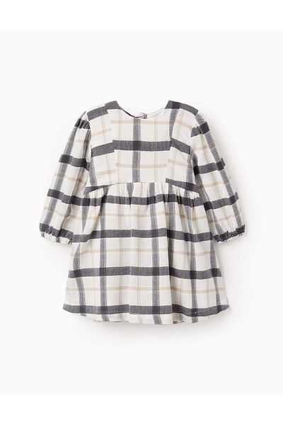 Ziddy Cotton Dress with Check for Baby Girls 'B&S', White/Beige/Grey
