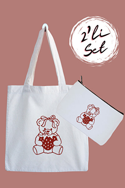 designedfy Ayı Su Geçirmez Bez Çanta ve Kalemlik 2'li Avantaj Seti