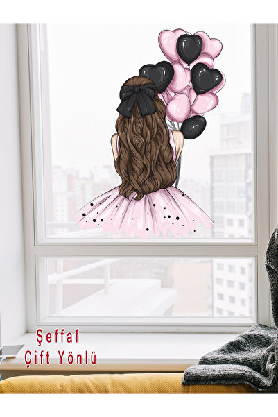 aiki Şeffaf Çift Yön Çocuk Odası Pembe elbiseli, Pembe siyah balonlu Kız cam, duvar sticker