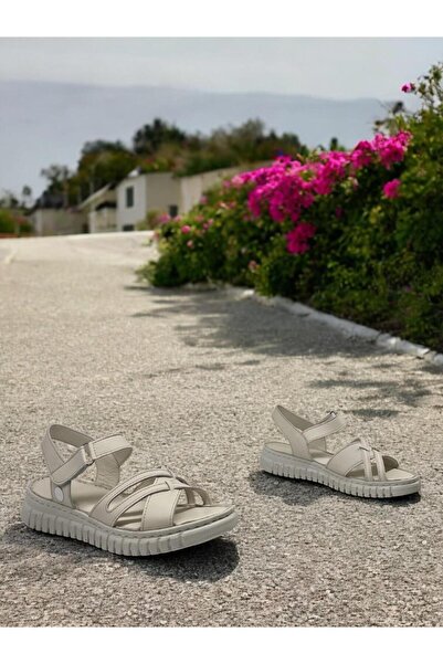 Mammamia D25Ys-2555 Cream Genuine Leather Full Orthopedic Women's Daily Sandals