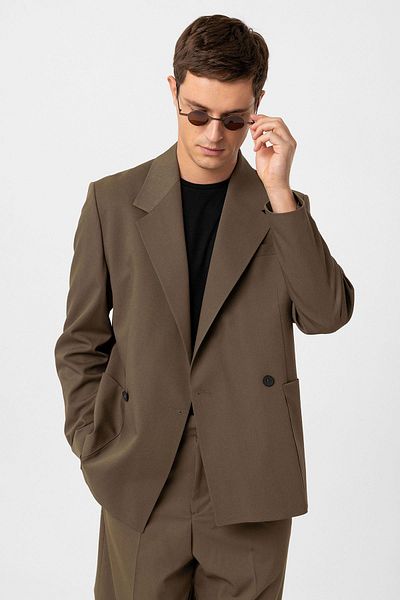 Antioch Khaki Relax Fit Double Breasted Closure Men's Tech Blazer Jacket