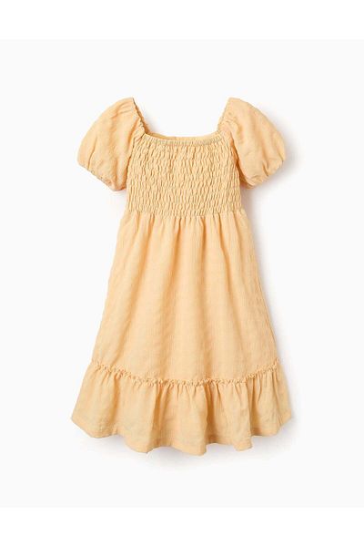 Ziddy Peasant Dress in Dobby Fabric for Girls, Yellow