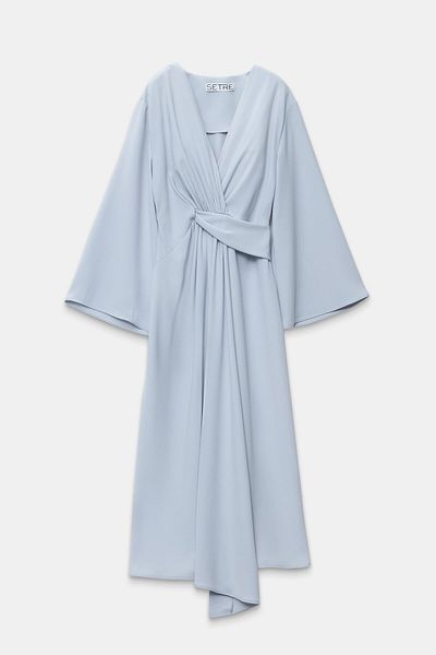 Setre Light Gray V Neck Long Sleeve Waist Detail Midi Length Dress