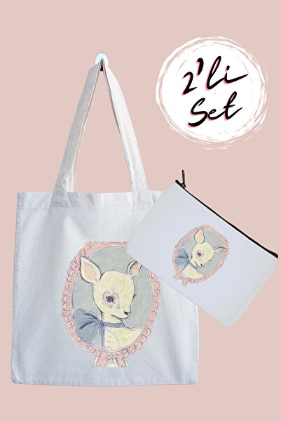 designedfy Geyik Su Geçirmez Bez Çanta ve Kalemlik 2'li Avantaj Seti